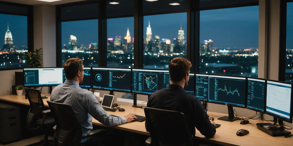 Small focused security team collaborating in a modern office environment, dark evening lighting